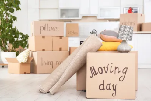 Moving boxes and a rolled rug indoors